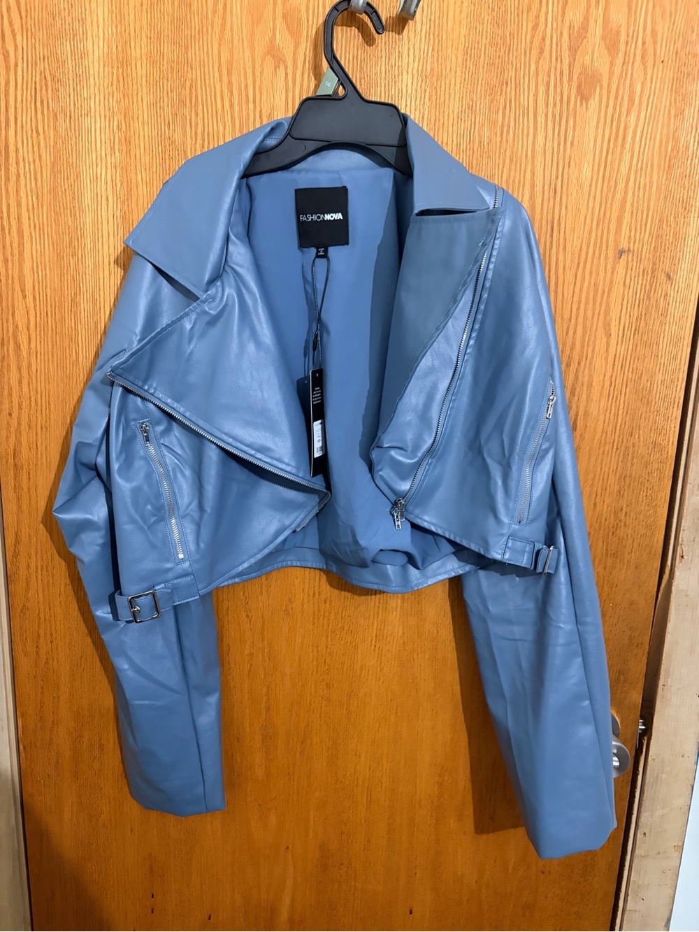 Fashion Nova Powder Blue Faux Leather Cropped Moto Jacket